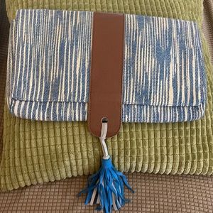 Roberta Roller Rabbit Ikat Blue White Boho Tassel Leather Clutch Purse